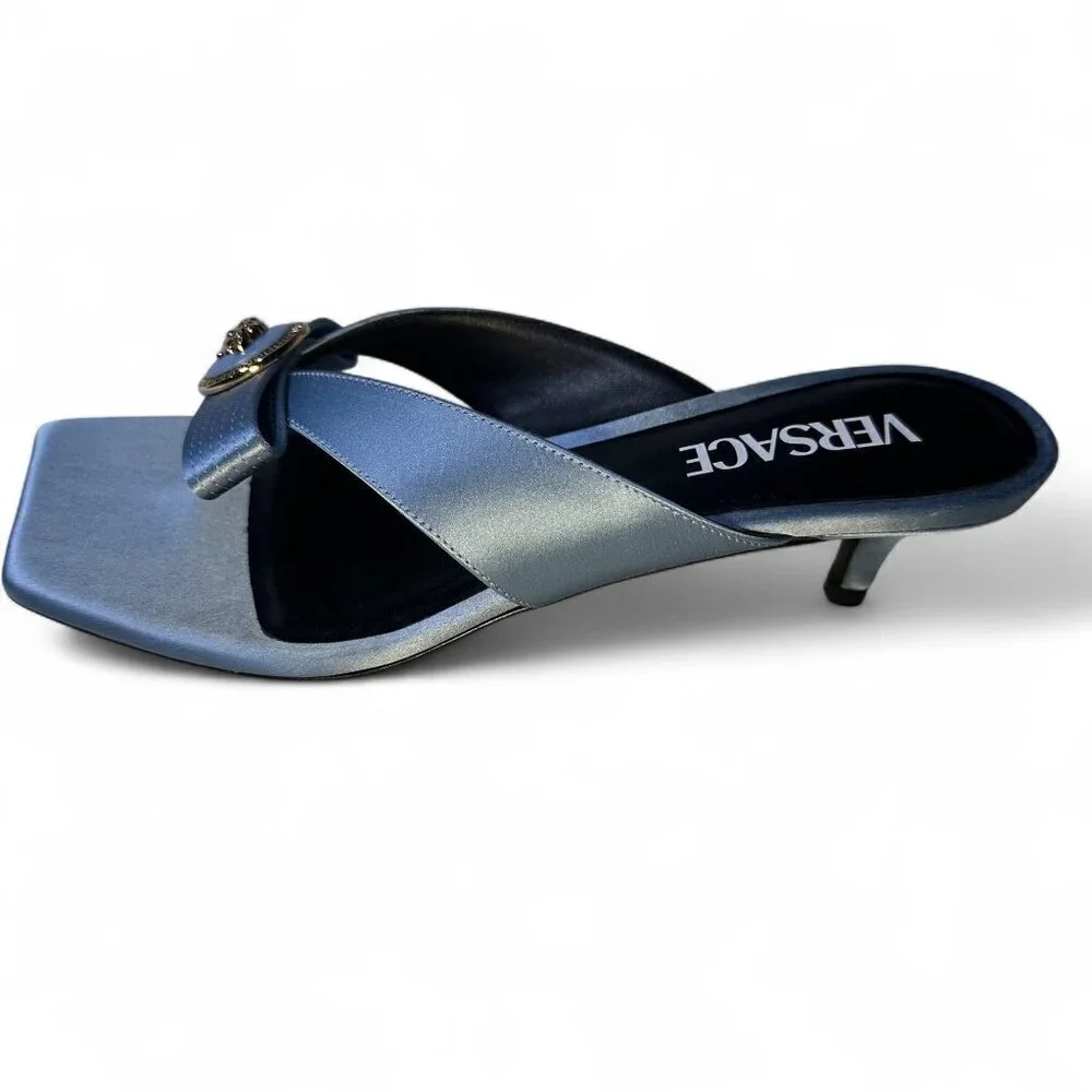Versace Women's Blue Satin Mule Gianna Ribbon 45 mm sandals Sz 37.5